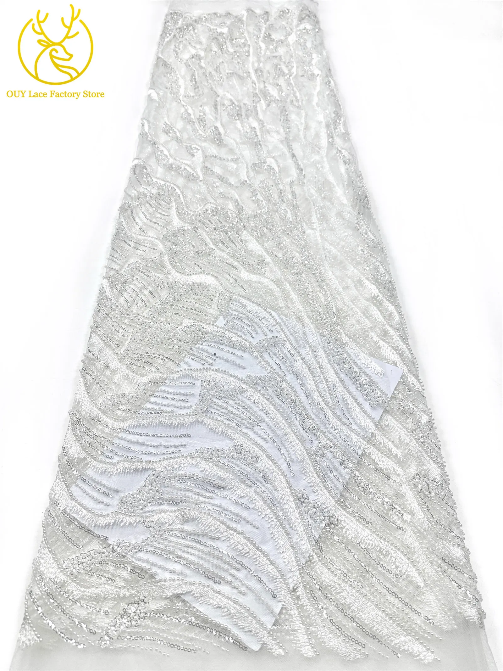 Afrikanischer Brautkleid-Spitzenstoff mit Stickerei und Perlen, französischer Netzspitzenstoff, nigerianischer Tüllspitzenstoff für Hochzeitskleider und Partykleider zum Nähen – Detail 10