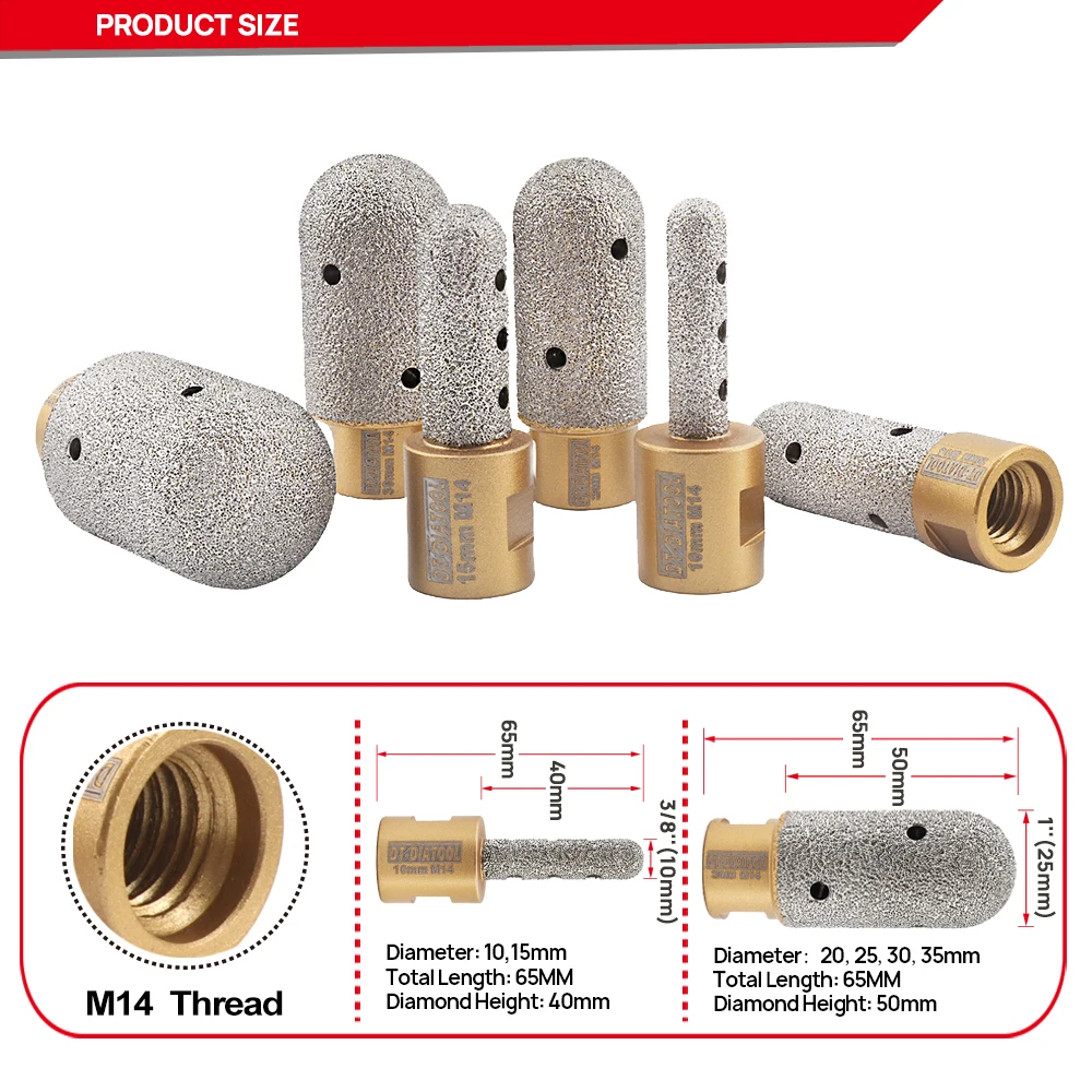 DT-Diatool 1pc 10/15/20/25/30/35mm Diamond Milling Bit M14 Thread Grinding Trimming for Tile Ceramic Porcelain Marble Granite