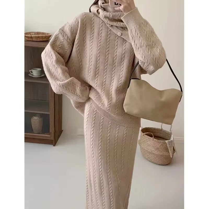 

2024 Women's Autumn and Winter Fried Dough Twists Sweater Knitting Skirt Three Piece Set