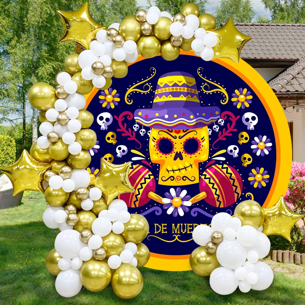 Mexico Fiesta Party Round Backdrop Cover May 5th Cinco De Mayo Skeleton Day of The Dead Kids Adults Festival Party Background