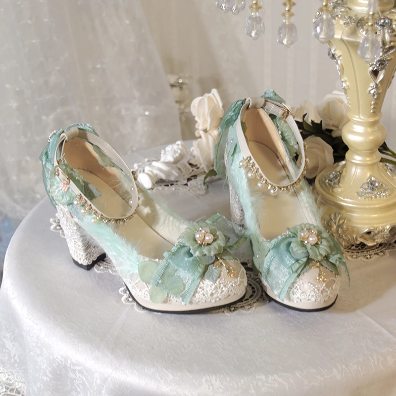 Original One Night Story Lolita Shoes Authentic Handmade Flower Wedding Tea Party High Heels Grass Color Versatile Lolita Shoes