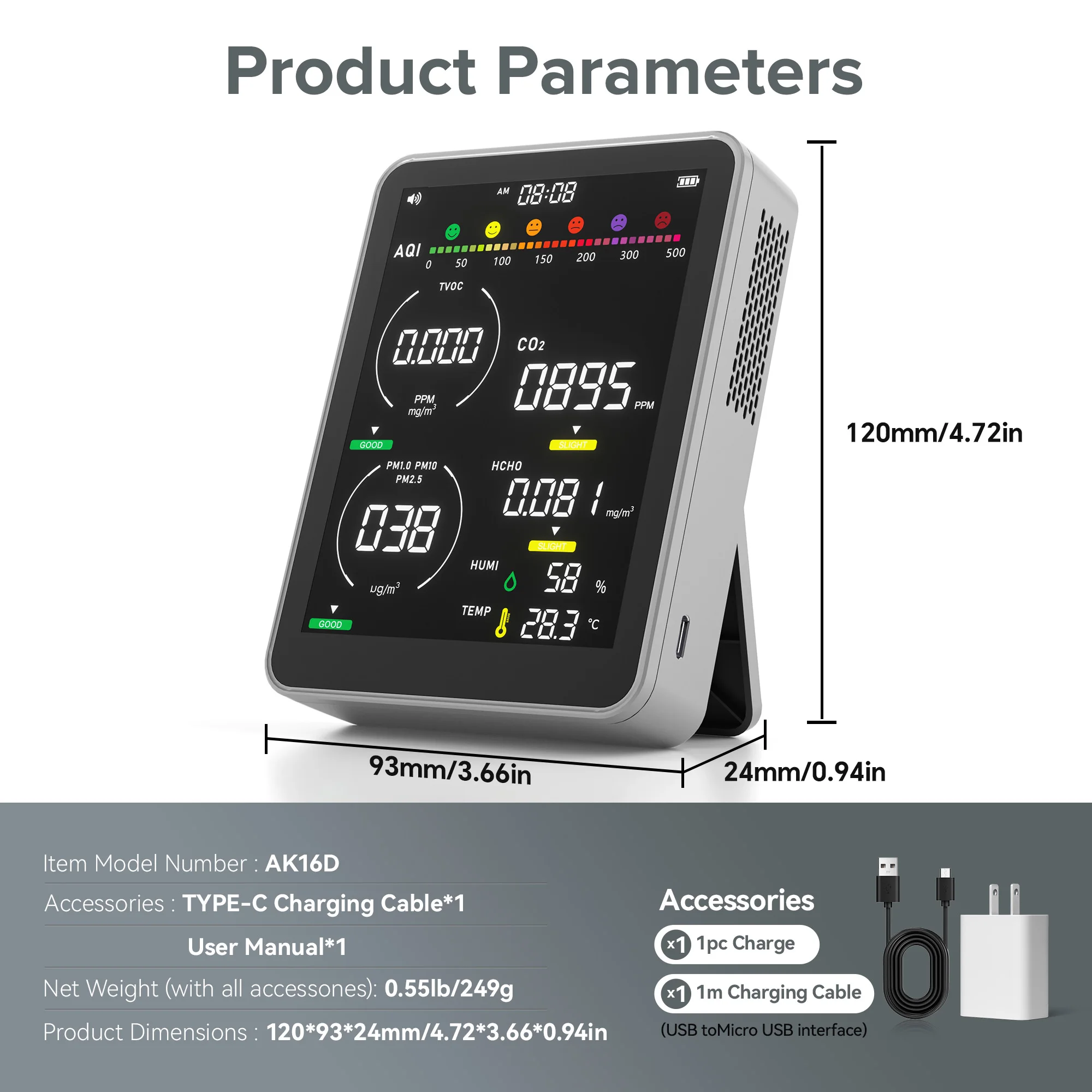 Portable Air Quality Detector AK16 Test Humidity, Temperature, Carbon Dioxide, Etc. Type-C Fast Charging 2000mAh Large Capacity Lithium Battery for Home Use Car Use and Decoration Detecting Air Quality