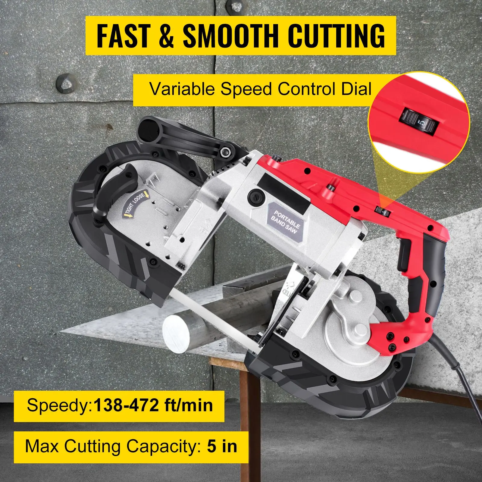 Cordless Band Saw, 5-Inch Cut Capacity, Variable Speed, Handheld, 10A Motor, for Metal, Wood, Tubing, Pipes, Rebar, Plastic