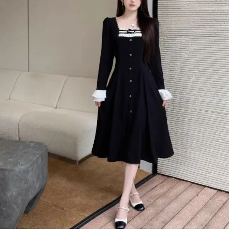 2024 Summer New Fashion Flattering Spliced Square Collar Lace Ruffles Bow Solid Color Flare Sleeve Button Women's Clothing Dress