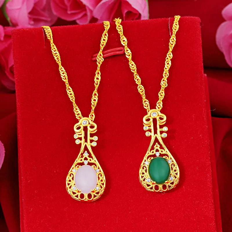 Comfortable Lightweight Inlaid Gemstone Lute Pendant Necklace For Women 24K Gold AU999 | No burden, skin-friendly and natural