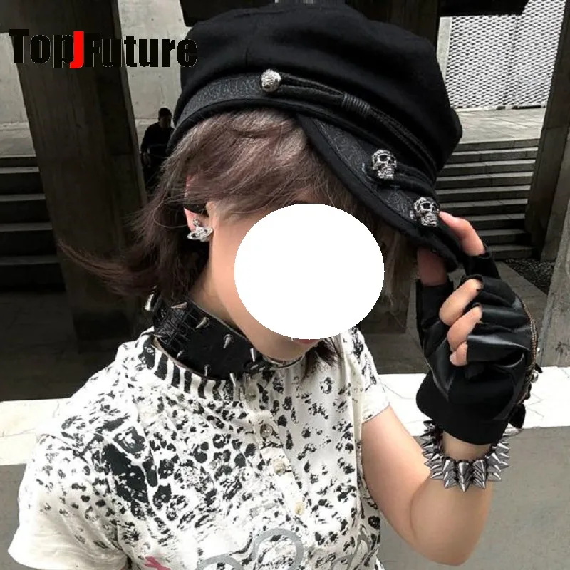Alternative Subculture Original Cool Dark Punk Gothic Neutral Gender Skull Metal Chain Beret Cosplay Handmade Fashion Cap