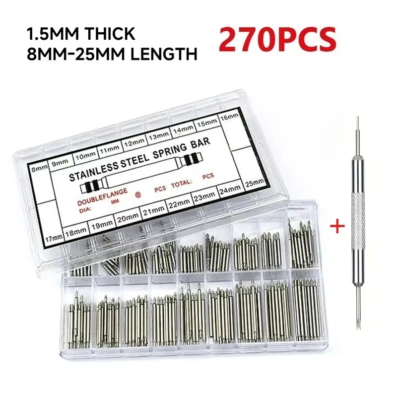 270pcs Stainless Steel Spring Bars Set Diameter 1.5mm Length 8mm-25mm Watchband Strap Belt Repair Tools Pins for Watchmakers