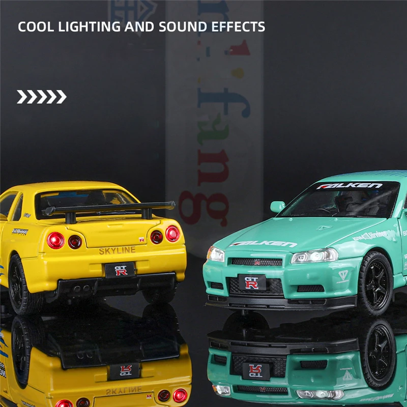 1:32 Nissan Skyline Ares GTR R34 Alloy Sports Car Model Diecasts Metal Track Race Car Model Simulation Sound Light Kids Toy Gift