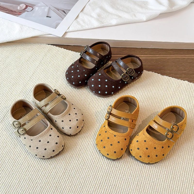 2026 New Girls Leather Shoes Fashion Polka Dot Printed Kids Causal Ballet Shoes Versatile Children Princess School Flat Shoes