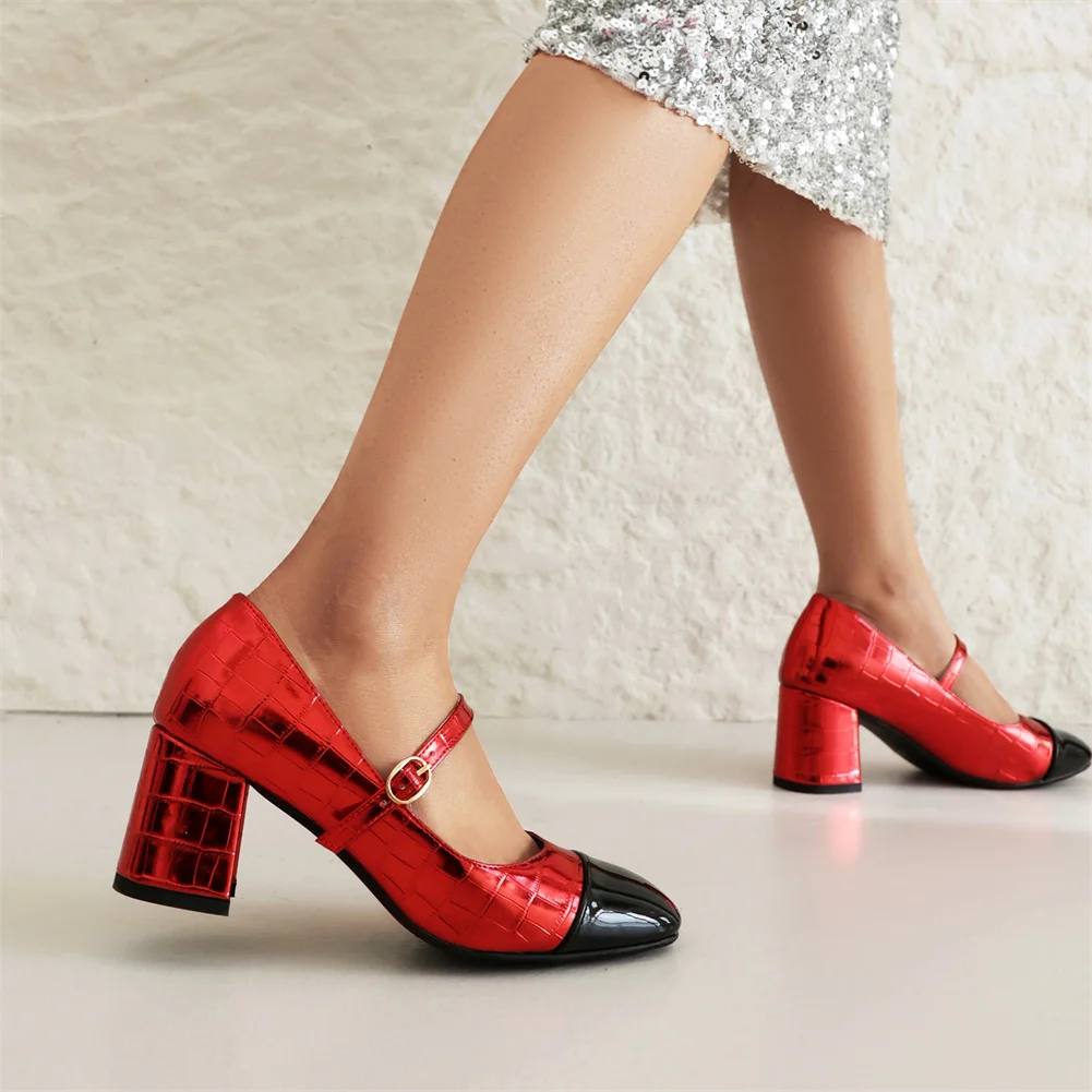 Plus Size 48 Brand New Ladies Buckle Mary Janes Punps Fashion Mixed Colors Thick High Heels women's Pumps Party OL Woman Shoes