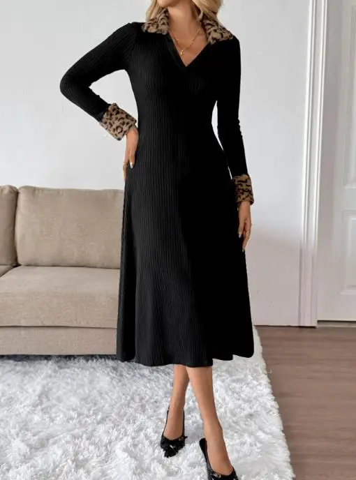

Women's Dress 2025 Fashion New Retro Light Mature Elegant Style Dress Slim Fit V-Neck Leopard Print Patchwork Long Sleeved Dress