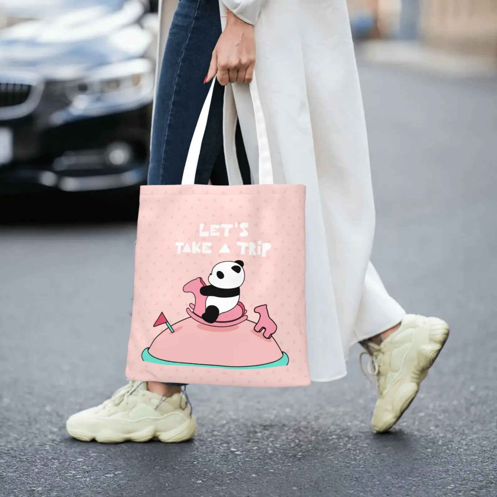 Cute Panda Canvas Tote Bag Women's Large Capacity Beach Shoulder Bag Student Casual Travel Shopping Bags Cartoon Panda Handbag