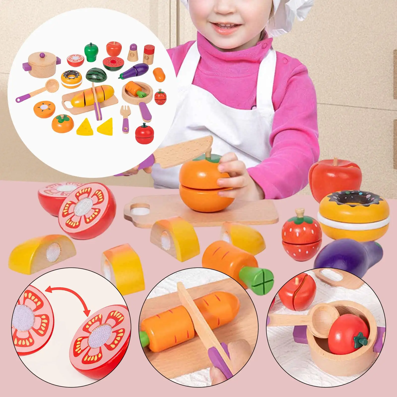 

Wooden Play Food Gift,Pretend Play Kitchen Accessories Wooden Playset Fruit Veggies Cutting Set for Christmas Classroom Birthday