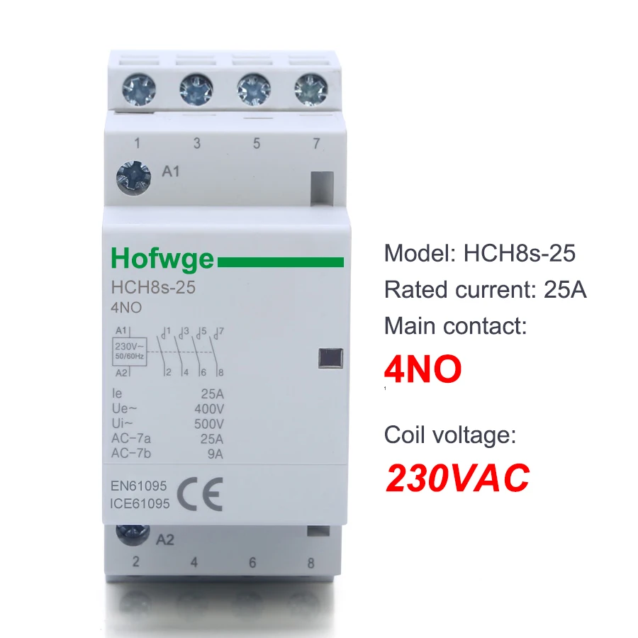 HCH8s-25 Modular Contactor 4P 16A 20A 25A 4NO 4NC or 2NO2NC 3NO1NC 24V 110V  220V Automatic Household Contactor Din Rail Type