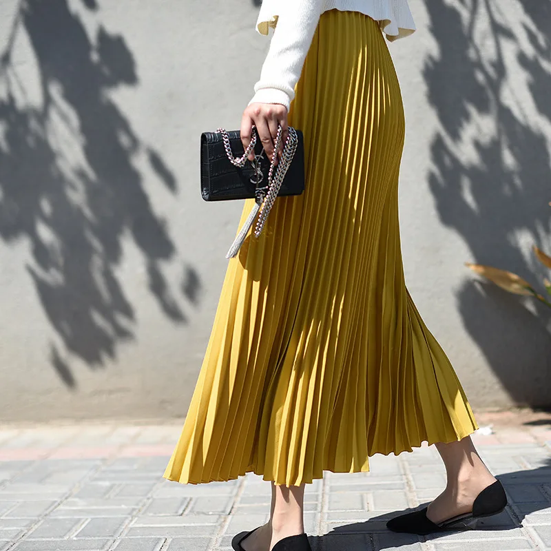 

Womens Vintage Pleated Midi Long Skirt Female Korean Casual High Waist Chiffon Skirts Jupe Faldas 18 Colors 2021 Autumn