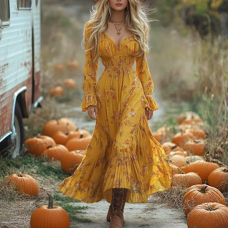 Bohemian Printed Women's Dresses French Shirt Fashion A-line Spring/Summer V-neck Casual Clothing Long-sleeved Women Dress