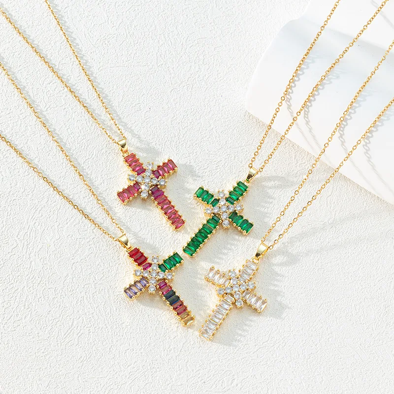 Color Zircon Cross Pendant Necklace Women's Sweater Chain Niche High-level Ins Wind