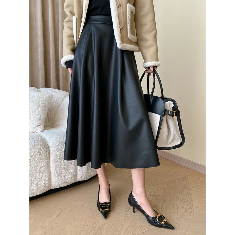 2024 New Women's Elegant Black A-Line Long Skirt Stretch High Waist Vintage Pu Leather Skirt Femme Faldas Jupe Saia