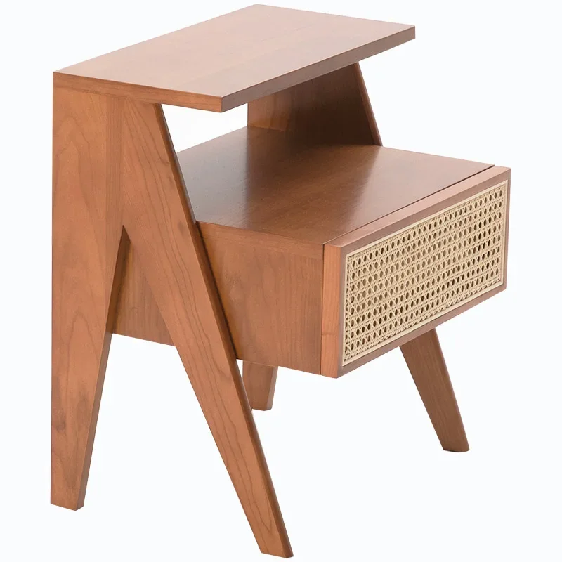 

Medieval rattan bedside table simple solid wood display cabinet movable