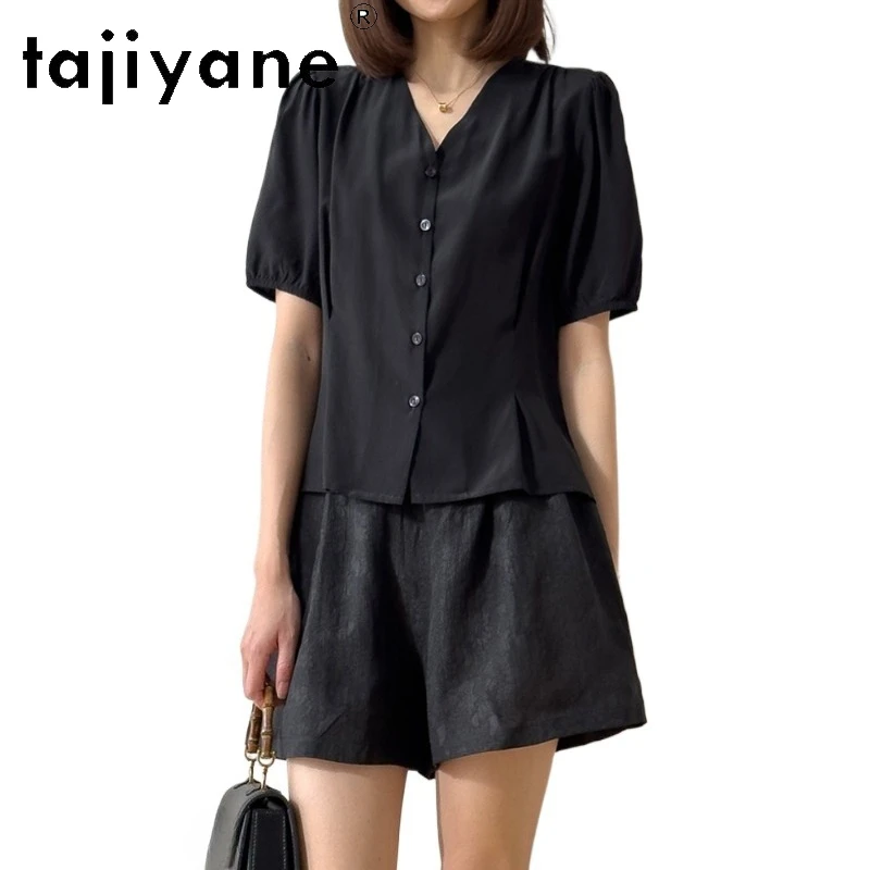 

TAJIYANE 100% Mulberry Silk Shirts Woman Elegant Black Puff Sleeve Summer Women Tops French Style Blouse 2026 Ladies Clothes 하객룩