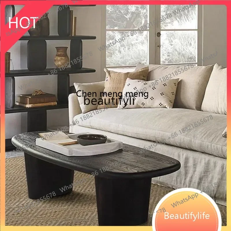 

cn Solid wood coffee table, small apartment wabi-sabi wind oval low table B & B black high-end living room tea table ss8617