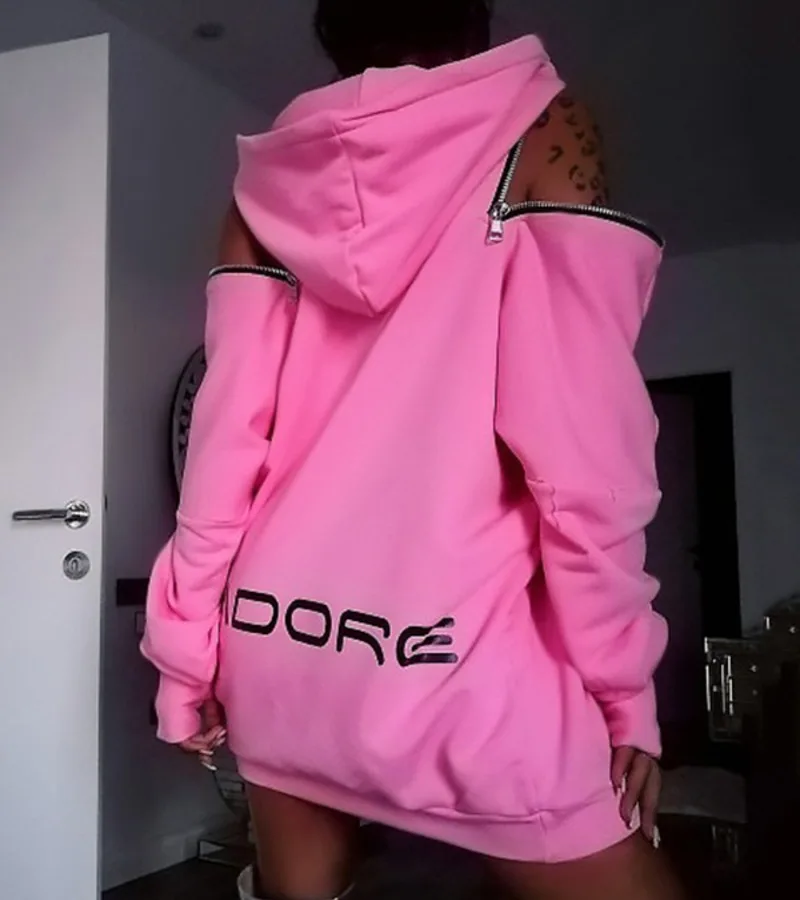 Krisnanas Women's Pink Hoodie Coat Y2K Stylish Off-The-Shoulder Print Hollow Long Sleeves Streetwear Women's Clothing 89431