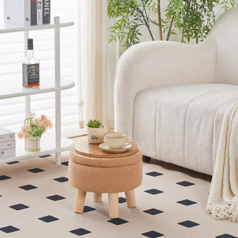 

Storage Ottoman Modern Round Footrest Soft Padded Seat Teddy Velvet Footstool Wood Legs Accent Small Table Plant Stand Living