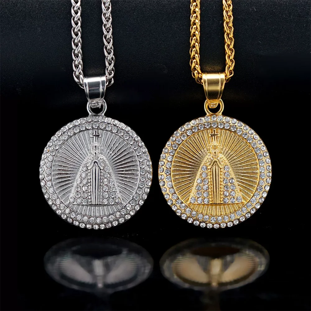 

Хип-хоп модное 18-каратное круглое ожерелье из нержавеющей стали с вакуумным покрытием и бриллиантами в стиле Девы Марии унисекс