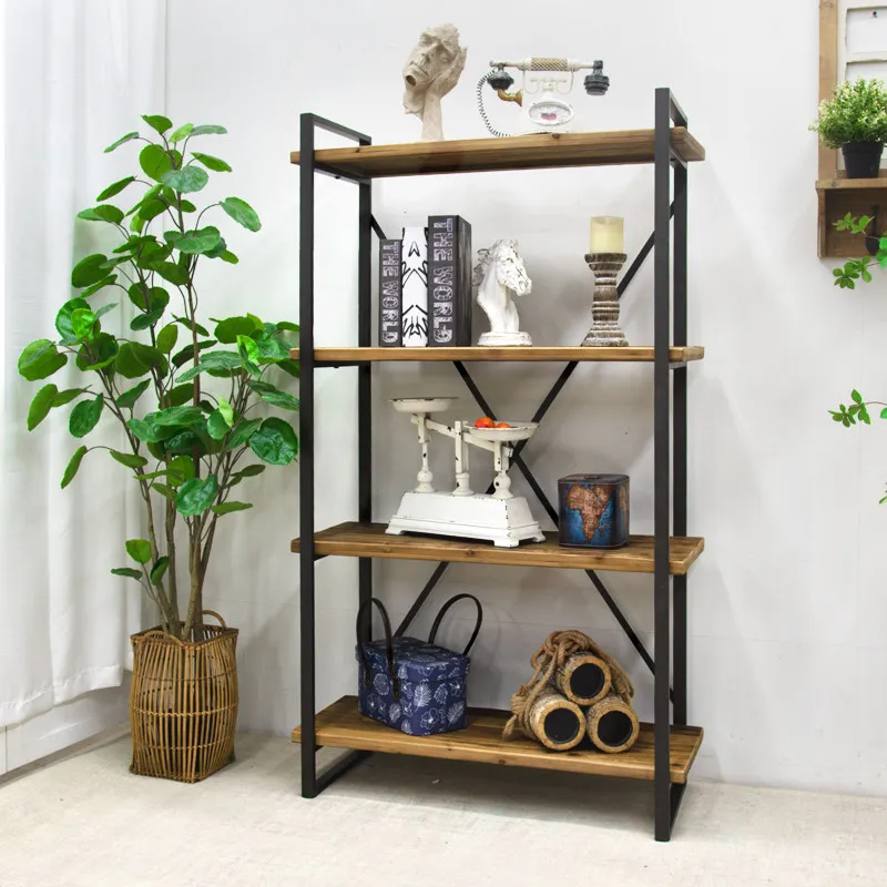 Wrought iron retro multi-layer storage rack floor to wall wooden household finishing flower storage display