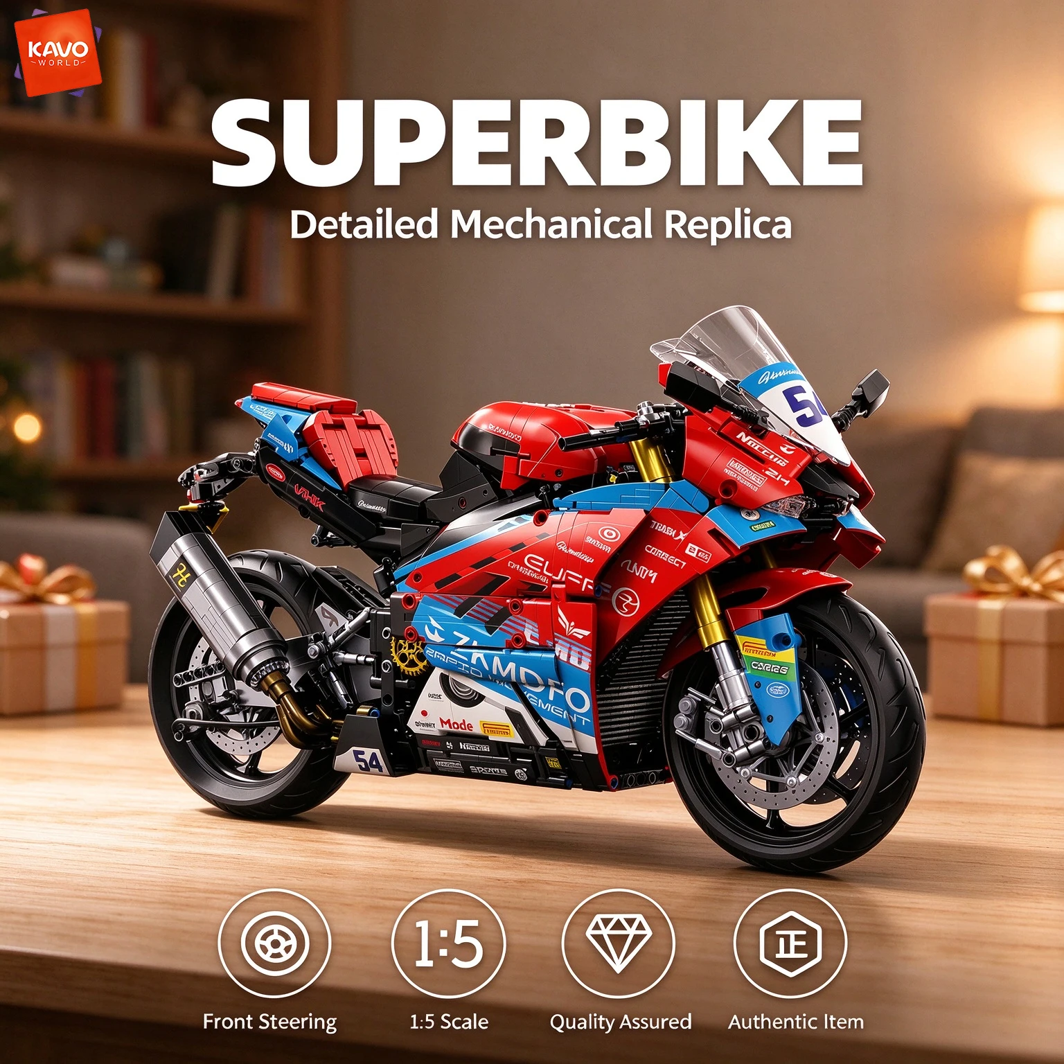 KAVOWORLD 1839PCS Racing Motorbike Building Blocks 1:5 Technic Motorbike Construction Bricks STEM Collectible Gift for Adult