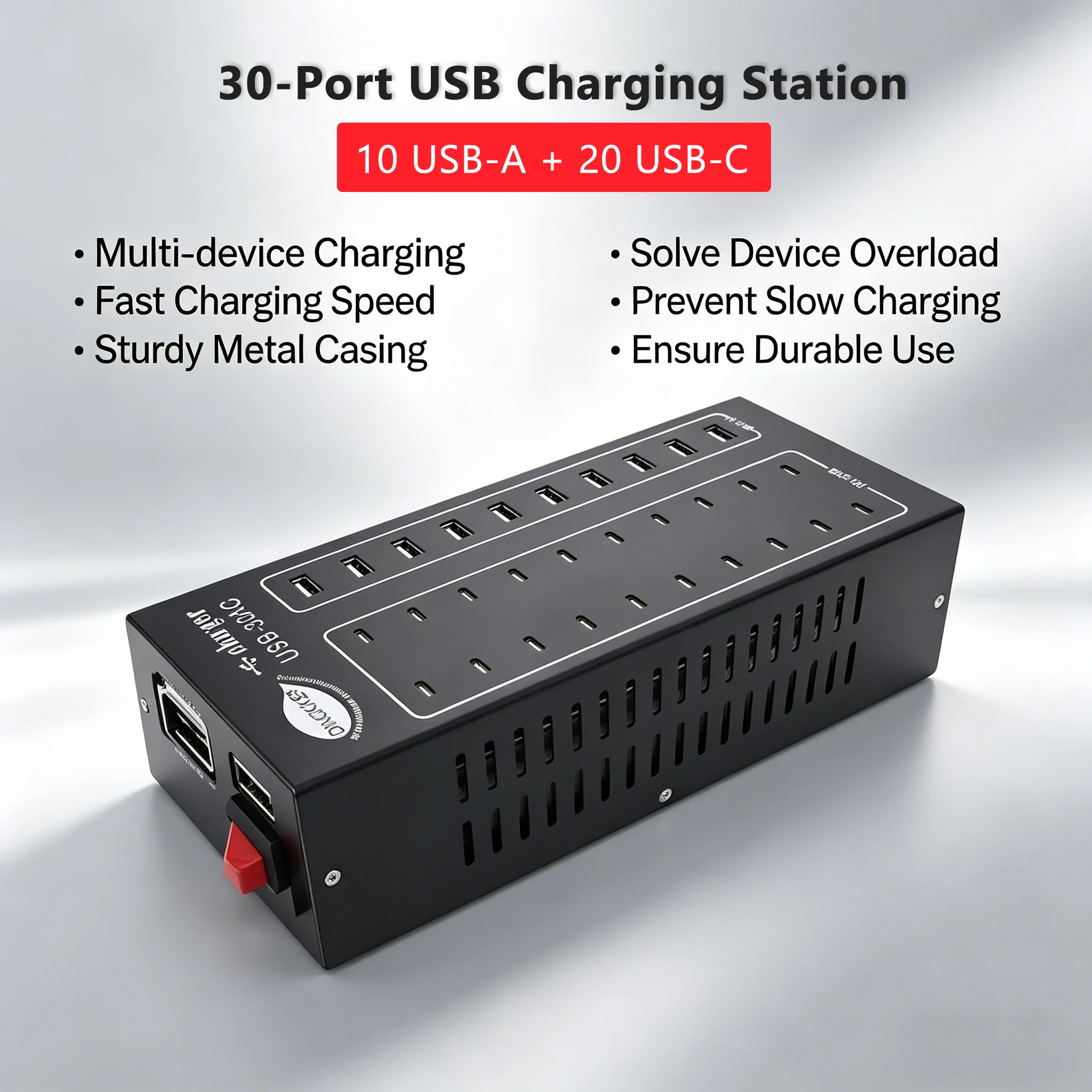 30 Ports USB Charging Station 10 USB-A + 20 USB-C Multi Device Desktop Charger Smart Distribution for Phone Farm Repair Shop