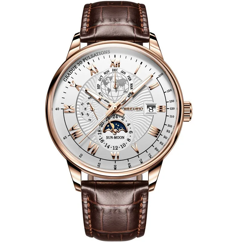 Luxury Man Watch Waterproof Chronograph Moon Phase Pattern Luminous Men\'s Wristwatch Leather Men Quartz Watches Casual Clock
