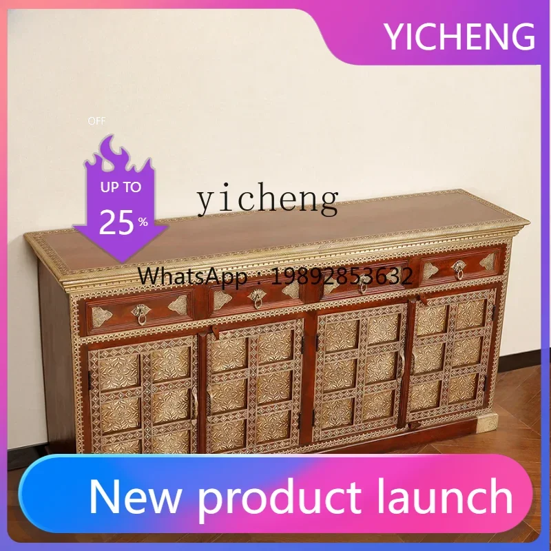 H1 Copper Bag Wooden Locker Retro New Chinese Living Room Home Cabinet Entrance Cabinet Four Door Chest of Drawer