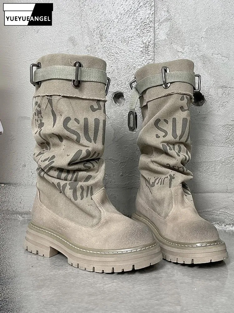 Summer Distressed Patchwork Printed Denim Cow Suede Women Boots Personality Platform High Top Shoes Female Slip On Knight Boots