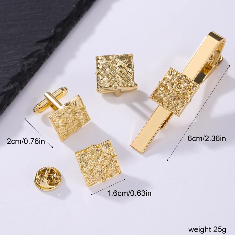 Men's Cufflinks Tie Clip Brooch Set Square Cross Pattern High-end French Suit Shirt Accessories Men Wedding Cuff Links 4pcs Sets