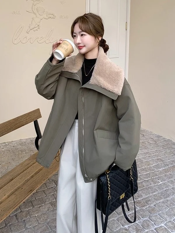 

Женская куртка с воротником из овечьей шерсти, утепленная, повседневная, свободного кроя, в корейском стиле, осенне-зимняя, новинка, теплая плюшевая куртка на молнии