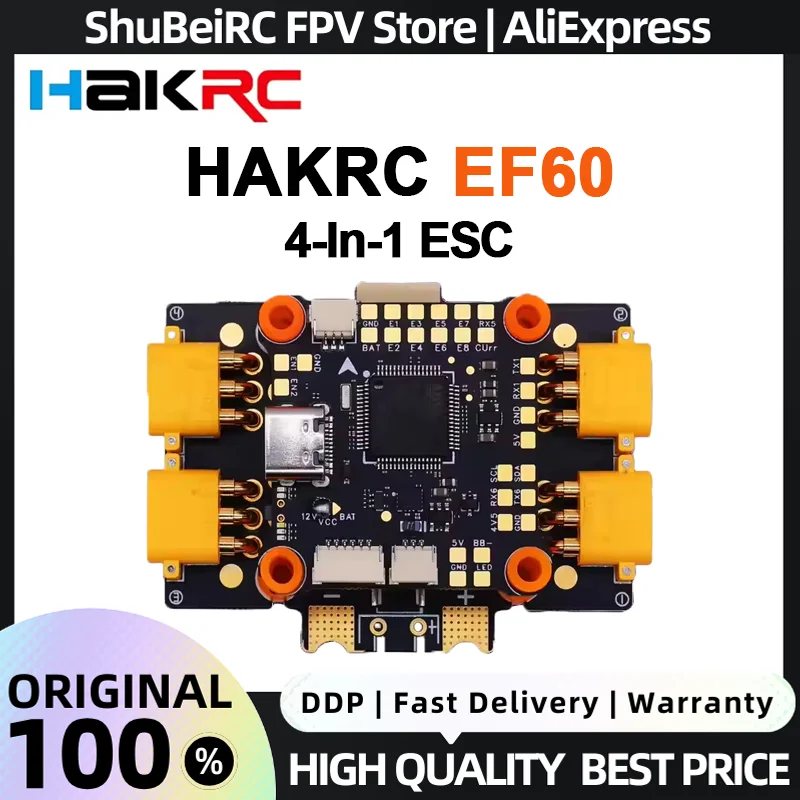 

HAKRC EF60 4-In-1 ESC 50MHz 55A Peak Current 2S-6S Lipo Regenerative Braking PWM Speed Controller for FPV RC Racing Drones