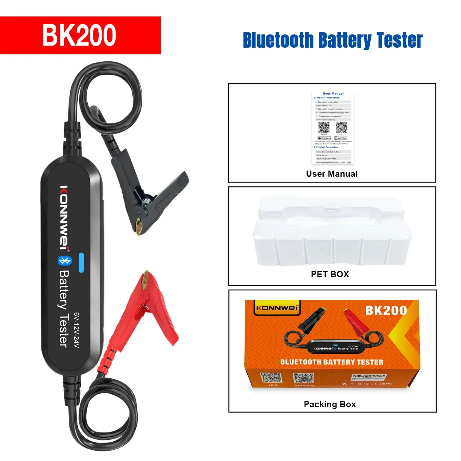 KONNWEI BK200 Bluetooth 5.0 Car Motorcycle Truck Battery Tester 6V 12V 24V Battery Analyzer 2000 CCA Charging Cranking Test Tool