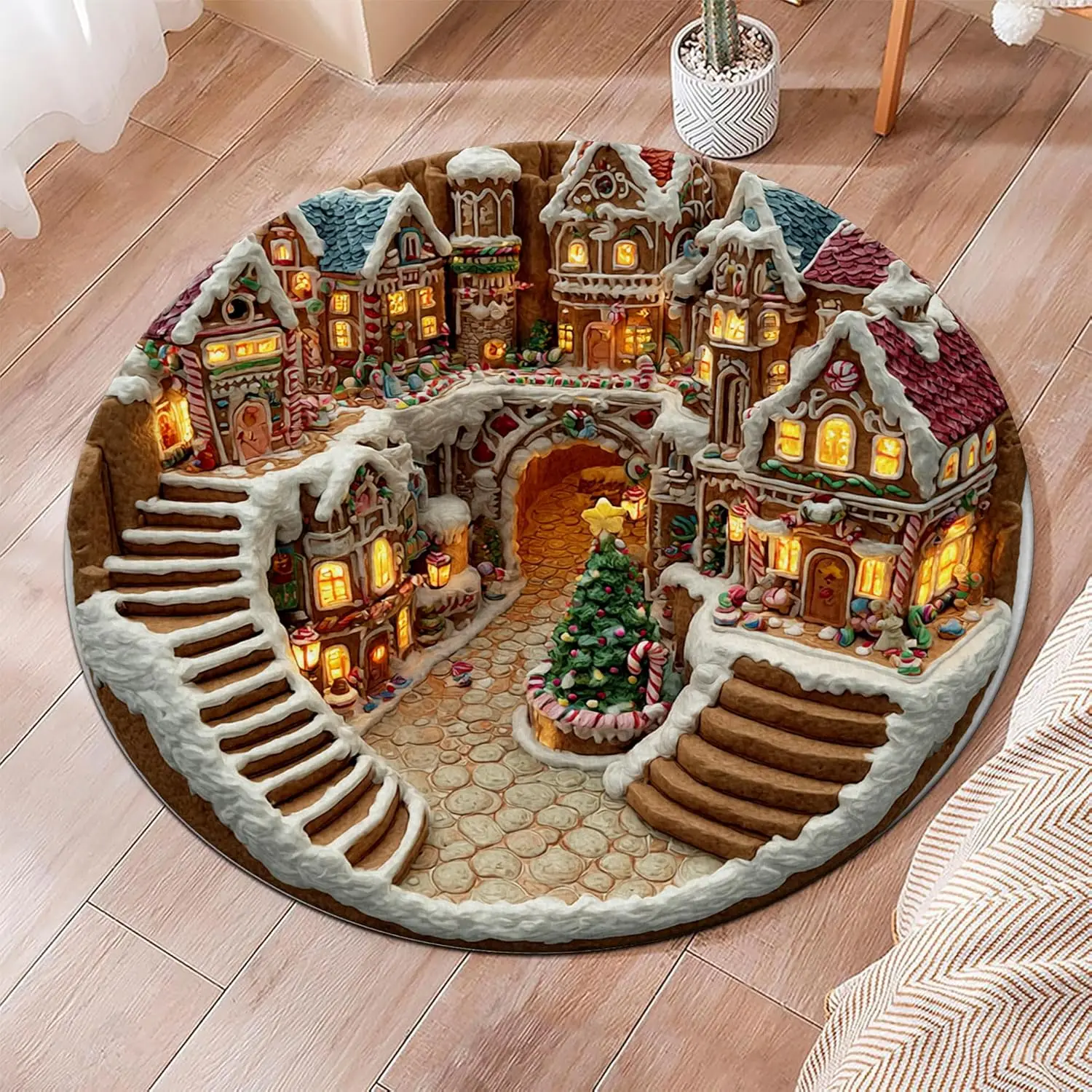 3D Effect Winter Village Round Area Rug Snowy House Christmas Circle Carpet Non Slip Washable Aesthetic Living Room Decor