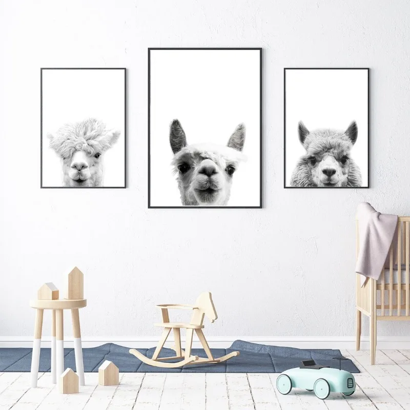 Black and White Alpaca Llama Farm Animals Poster Canvas Painting Minimalist Wall Art Print Picture for Living Room Home Decor
