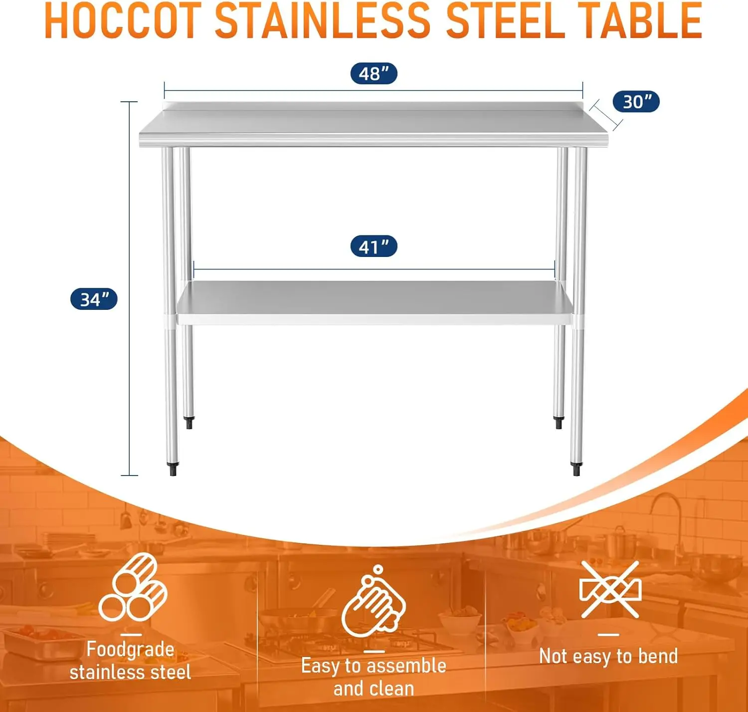 Table for Prep & Work 30" X 48" inches with Adjustable Shelf and , Commercial Workstations