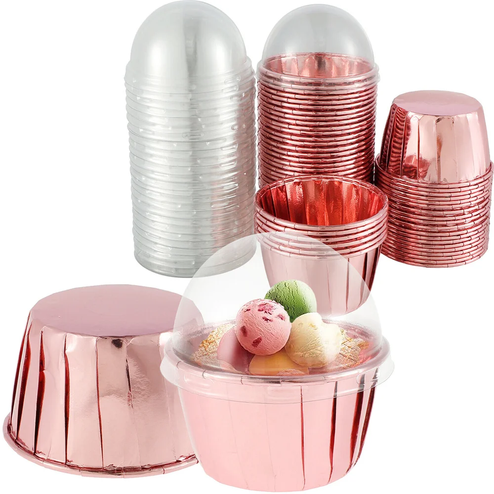 50Pcs Aluminum Foil Baking Cups with Lids Cupcake Liners Reusable Muffin Case Dessert Containers for Wedding Birthday Party