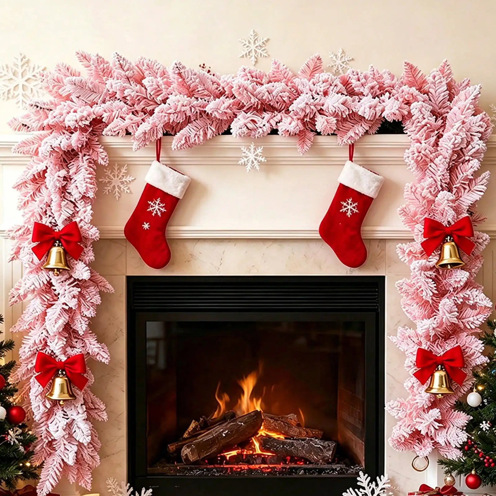 Pink Flocked Christmas Garland 6FT/9FT Artificial Pine Branch Xmas Decor, Snow Flocked Pink White Garland For Mantel Stair Home Holiday Party Decoration