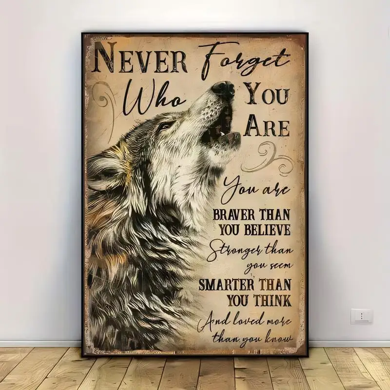 Vintage Metal Wolf Tin Sign with Inspirational Quotes, Retro Rustic Iron Wall Art (Beige/Brown) - Perfect for Home/Office/Bedroo
