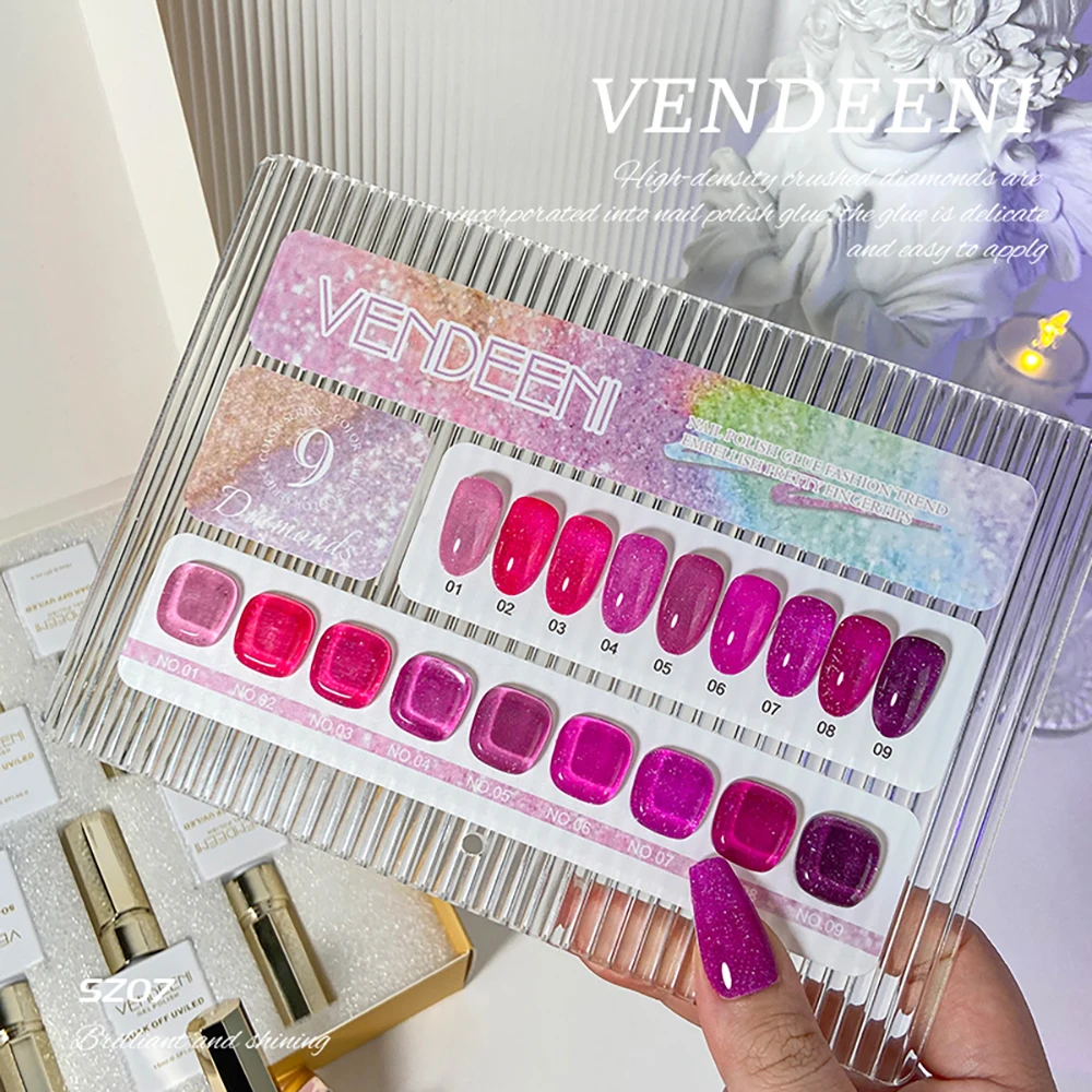 

Vendeeni 9-цветный розовый, красный, розовый, вспышка, сломанный алмазный гель-лак для ногтей, полуперманентный блестящий УФ-гель-лак с дисплеем