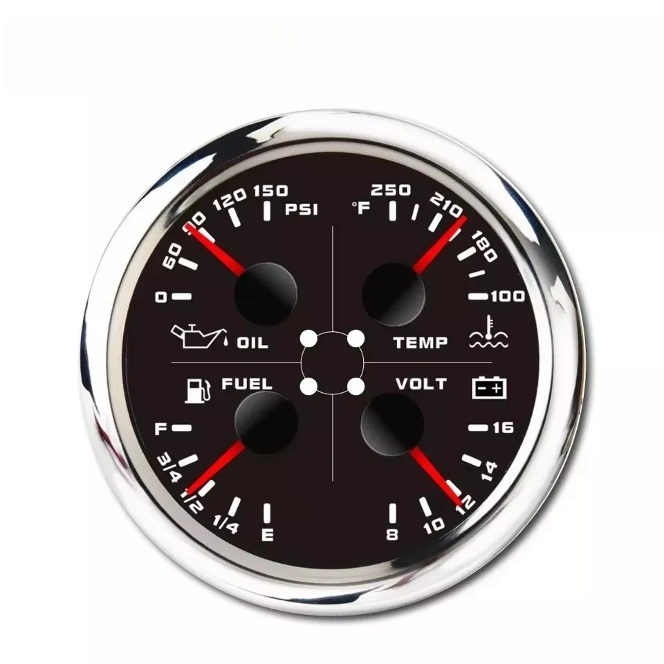 85mm 4 in 1 Warning Function Black Oil Pressure Fuel Level Meter Voltage Car Truck Temperature Gauge Water Multifunction Gauge