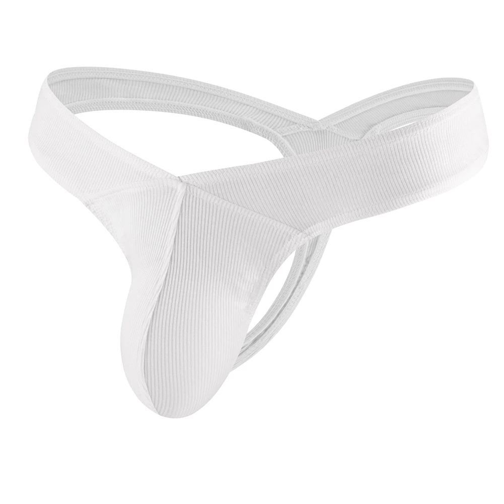 Men's Cross Waist Ribbed Cotton T-back Thong Briefs Low Waist Breathable U-convex Pouch Soft Comfortable Underwear For Men