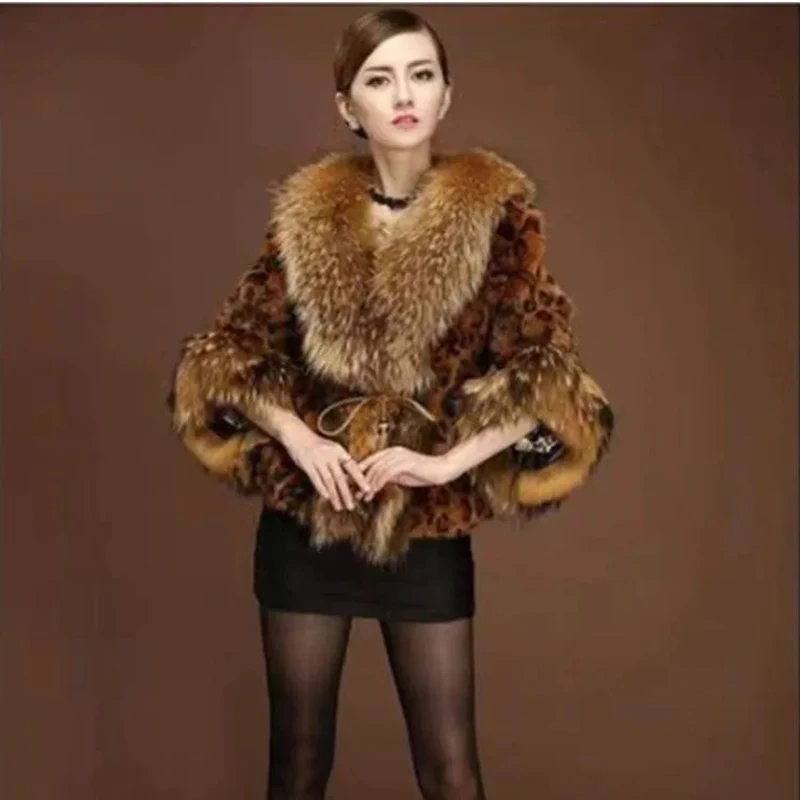 2023 New Leopard Print Fur Coat Women's Autumn And Winter Short Raccoon Dog Big Fur Collar Korean Version Slim Temperament Coat