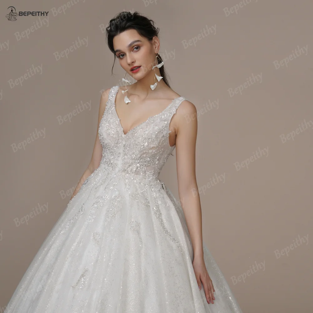 BEPEITHY Customized Bride Luxury V Neck Crystal Wedding Dresses 2023 Court Train Beading Exquisite Ivory Bridal Ball Gown Spring