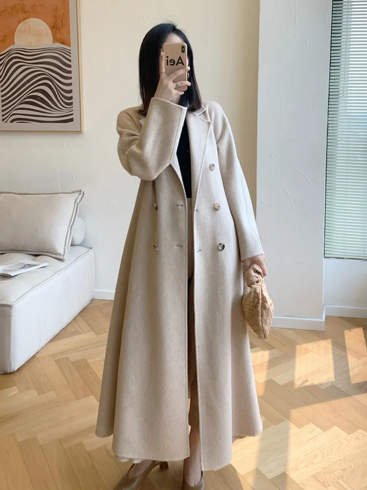 

New Women Double-sided 100% Cashmere Coat Soft Fashion Double-breasted Long Woolen Coat Loose Lace-up Female Tweed Jacket Winter